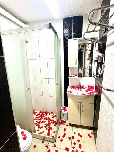 a bathroom with a shower with red hearts on the floor at Cendere Old City Hotel in Istanbul