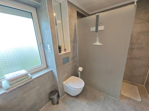 a bathroom with a toilet and a window and a shower at FH-Nähe: Modernes Apt mit Balkon in Hof