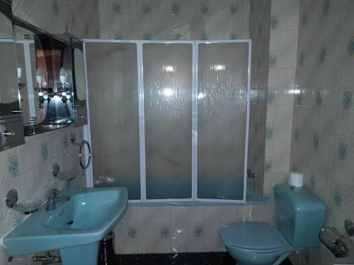 a bathroom with a blue toilet and a sink at La casa del Alamo in Vinuesa