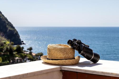 a straw hat and binoculars sitting on a ledge overlooking the ocean at Giadera penthouse 5terreparco in Riomaggiore