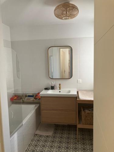une salle de bain avec un lavabo et un miroir dans l'établissement Appartement familial T4 Bayonne, à Bayonne