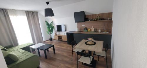 a kitchen and living room with a table and a couch at Anti-Age Apartmani in Bijeljina