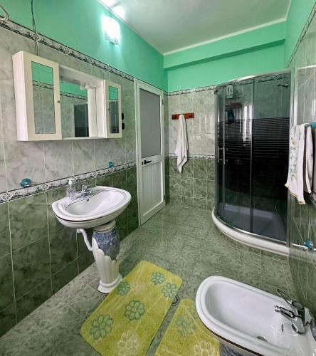 a bathroom with a sink and a shower at VilaHasa in Tërbuf
