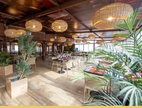 a restaurant with tables and chairs and potted plants at Oasis évasion méditerranéenne in Puget-sur Argens