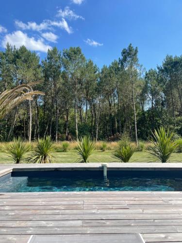 une piscine avec une terrasse en bois et des arbres dans l'établissement La Villa des Chênes, à Audenge