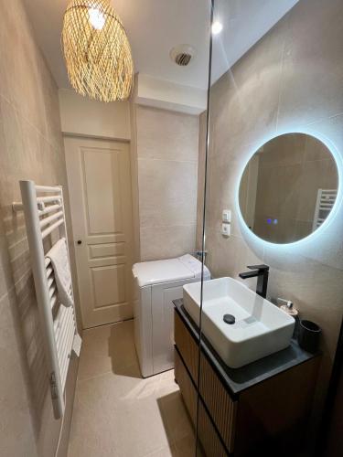 une salle de bain avec un lavabo et un miroir dans l'établissement T2 Centre ville avec vue sur le Château Royal et place de parking privée, à Amboise