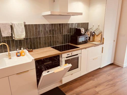 une cuisine avec un évier et une cuisinière four supérieur dans l'établissement Duplex 3 couchages séparés Clim Wifi proche du port et commerces, à Port-Vendres