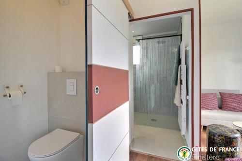 a bathroom with a toilet and a shower at Chambre et table d'Hotes Manava Loretta in Bannalec