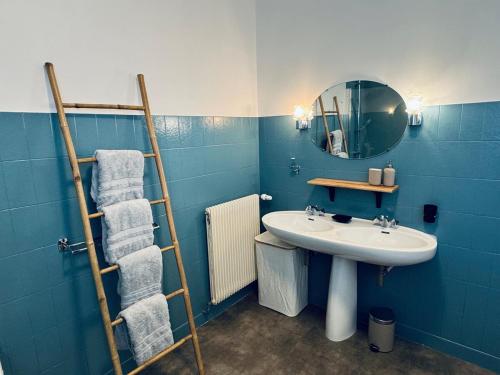 a blue bathroom with a sink and a mirror at Beautiful Champagne house in Hauteville