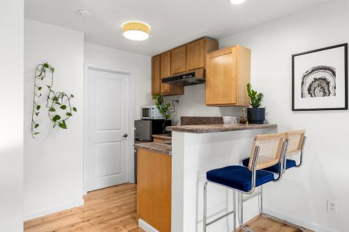 a kitchen with a counter and a blue stool at Swell House Santa Cruz in Santa Cruz