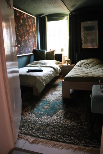 a bedroom with two beds and a window at Hostel Bertha-Marie Smaragd Oase in Greifswald