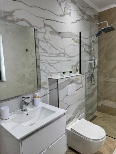 a bathroom with a sink and a toilet and a shower at TisArt Hotel in Tismana