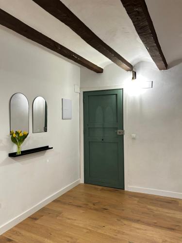 a room with a green door and two mirrors at Apartamento Casco Histórico Tarazona in Tarazona de Aragón