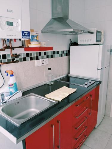 a kitchen with a sink and a refrigerator at pension Tolima in Cabezón de la Sal