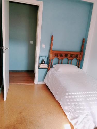 a bedroom with a bed with a blue wall at pension Tolima in Cabezón de la Sal