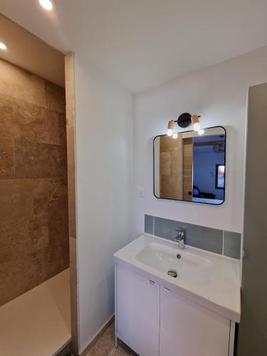 une salle de bain avec un lavabo et une douche dans l'établissement Maison neuve 116m2, climatisée, Wi-Fi, à Oullins