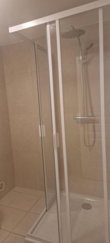 une douche dans une salle de bain avec une porte vitrée dans l'établissement corse, à Appietto