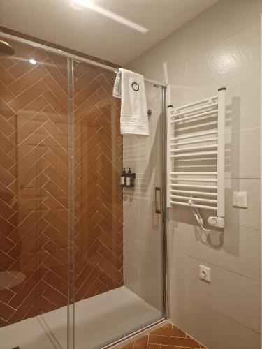 a bathroom with a shower with a glass door at La Posada del Olivar in Baena
