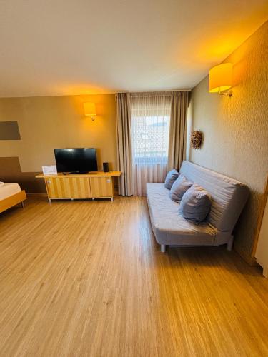 a living room with a couch and a television at L-DOM in Metzingen