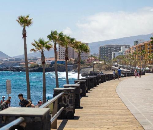 a boardwalk next to the ocean with palm trees at Apartamento muy cerca de playas ocio y restauración en Candelaria Tenerife in Candelaria