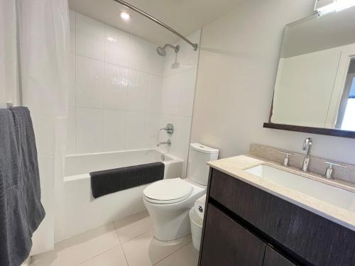 ein Badezimmer mit Toilette, Waschbecken und Spiegel in der Unterkunft Cozy Perfect &elegant 2bed 1 bath in Richmond center in Richmond