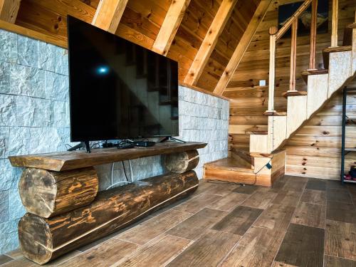 salon z telewizorem z płaskim ekranem na kamiennej ścianie w obiekcie Mountain Peace w mieście Plužine