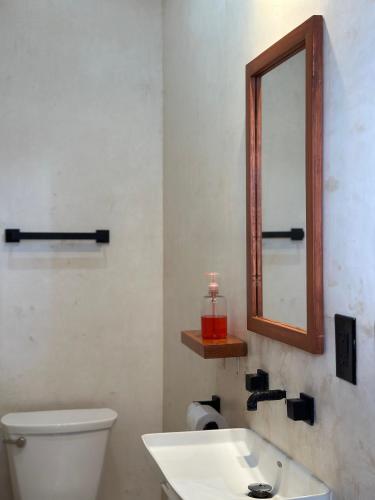 a bathroom with a white toilet and a mirror at Freelance Hostel in Tulum