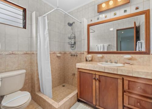 a bathroom with a toilet and a shower and a sink at Bahia Pez Vela Resort in Ocotal