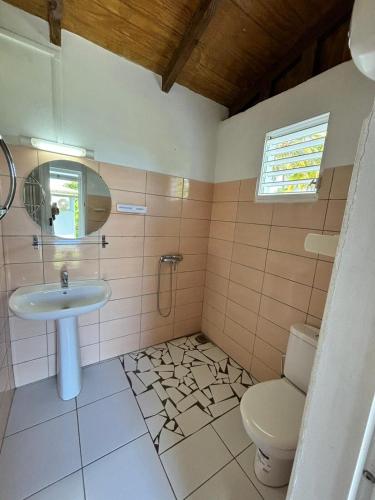 a bathroom with a sink and a toilet at Maisonnette de campagne, Sofaia à 5 min in Sainte-Rose