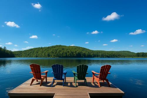 four chairs sitting on a dock on a lake at Château Saint-Émile in Namur