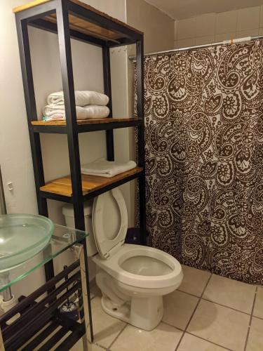a bathroom with a toilet and a sink and towels at Casa completa para descansar entre zona industrial y zona centro in Gómez