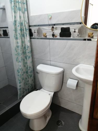 Un baño con un inodoro blanco y un lavabo. en Alojamiento Miller, en Ayacucho