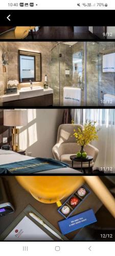 a collage of photos of a bathroom with a sink and a bathroom at Sapphire Residence Hạ Long in Ha Long