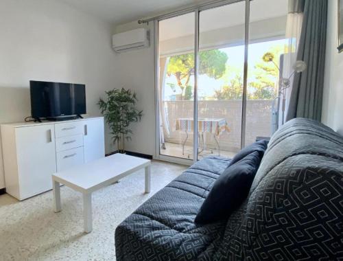 un salon avec un canapé et une télévision dans l'établissement Studio Le Takeo Quartier Ponant, clim, parking, proche golf, à La Grande Motte
