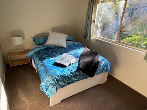 Un dormitorio pequeño con una cama con ventana. en Mountain Views Cedar Cottage, en Blackheath