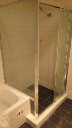 a shower with a glass door in a bathroom at Mountain Views Cedar Cottage in Blackheath