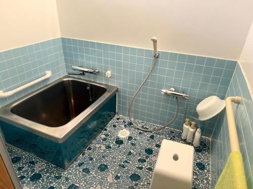 a bathroom with a bath tub and a toilet at 一棟貸ゲストハウス　パンジー in Nachikatsuura