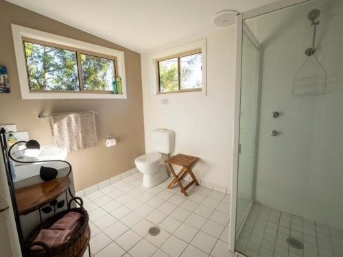 a bathroom with a toilet and a glass shower at Kangarutha Cottage - Escape to Nature just minutes to Tathra in Kianinny