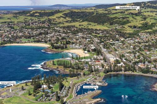 an aerial view of a town next to a beach at Saddleback Grove Kiama in Kiama