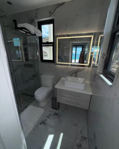a bathroom with a toilet and a sink and mirror at White Sky Beach Villas in Culloden