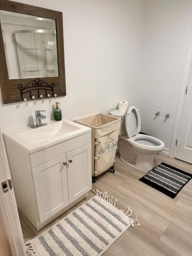 a bathroom with a sink and a toilet and a mirror at 1 bed in-home mini apartment in Dieppe in Dieppe