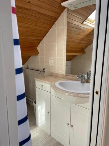 La salle de bains est pourvue d'un lavabo et d'un plafond en bois. dans l'établissement Maison 3 chambres 6 lits 82 m2, à Saint-Quay-Portrieux