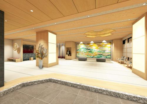 a lobby with a large painting on the wall at Natural Hot Spring Higo no Yu Onyado Nono Kumamoto in Kumamoto