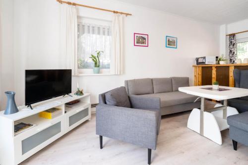 a living room with a couch and a tv and a table at Ferienwohnungen Behling am Schufutsberg in Liepe