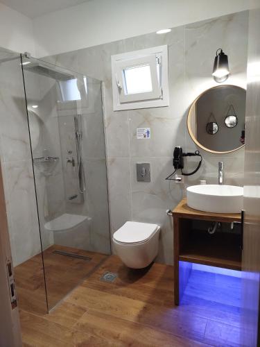 a bathroom with a shower and a toilet and a sink at SeaEsta Vasiliki 4 in Vasiliki