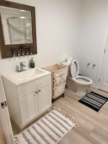 a bathroom with a sink and a toilet and a mirror at 1 bed in-home mini apartment in Dieppe in Dieppe