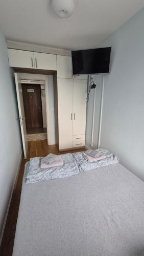 a bedroom with two beds and a flat screen tv at Skyline in Belgrade