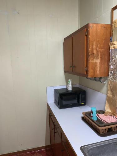 a kitchen counter with a microwave and a sink at AJs Cottage Escape in Potters Village