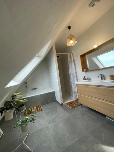 une salle de bain avec un lavabo et un miroir dans l'établissement Le Gite d'Almaju 3 étoiles, 3 chambres, 6 couchages, à Plestin-les-Grèves