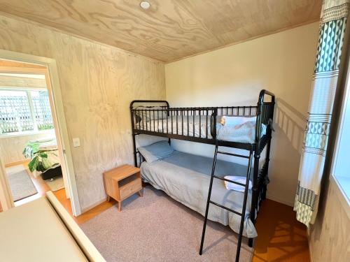 a small room with a bunk bed and a window at Honey Cottage - a cosy cottage in idyllic Tasman Region in Tasman